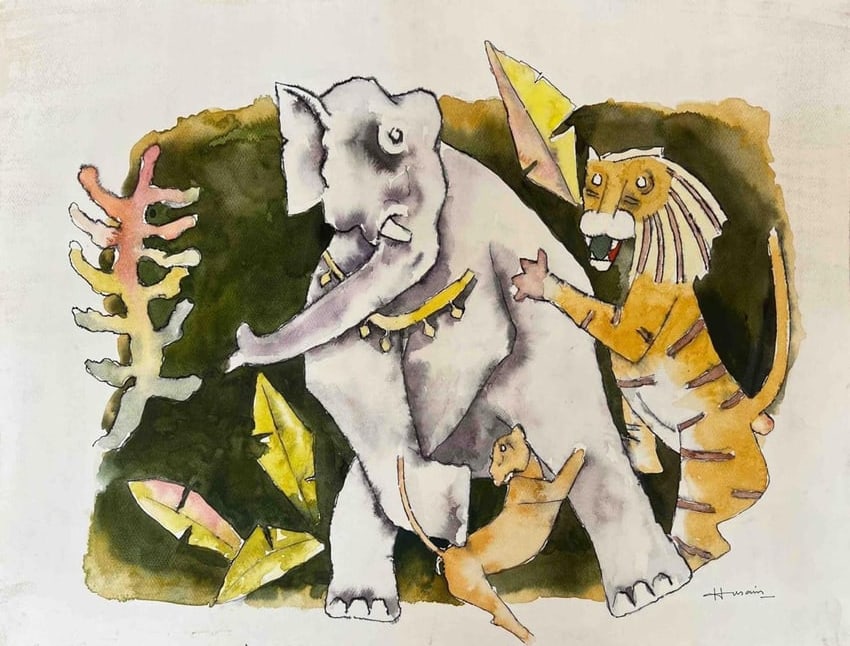 M.F.HUSAIN (1915 - 2011) ELEPHANT AND TIGER – JUNGLE PLAY WATER COLOUR ON PAPER: M.F.HUSAIN (1915 - 2011) ELEPHANT AND TIGER – JUNGLE PLAY WATER COLOUR ON PAPER THIS LIVELY WATERCOLOR PAINTING DEPICTS A BABY ELEPHANT INTERACTING WITH A TIGER AND TWO CUBS IN A FOREST SETTING. THE