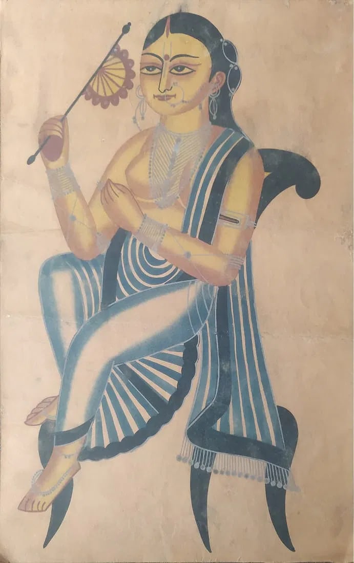 INDIAN KALIGHAT BENGAL SCHOOL PAINTING - SEATED WOMAN WITH FAN: INDIAN KALIGHAT BENGAL SCHOOL PAINTING - SEATED WOMAN WITH FAN THIS KALIGHAT PAINTING DEPICTS A SEATED WOMAN HOLDING A TRADITIONAL HAND FAN (PANKHA), DRAPED IN A BLUE-STRIPED SARI WITH PROMINENT ORNA