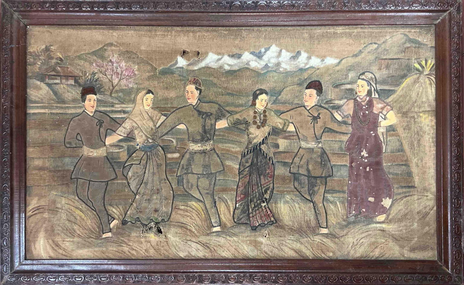 TRADITIONAL FOLK DANCE IN THE HIMALAYAS: TRADITIONAL FOLK DANCE IN THE HIMALAYAS A VIBRANT FOLK SCENE CAPTURING A GROUP OF MEN AND WOMEN PERFORMING A TRADITIONAL DANCE AGAINST THE BACKDROP OF SNOW-CAPPED HIMALAYAN PEAKS. THE FIGURES, DRESSED