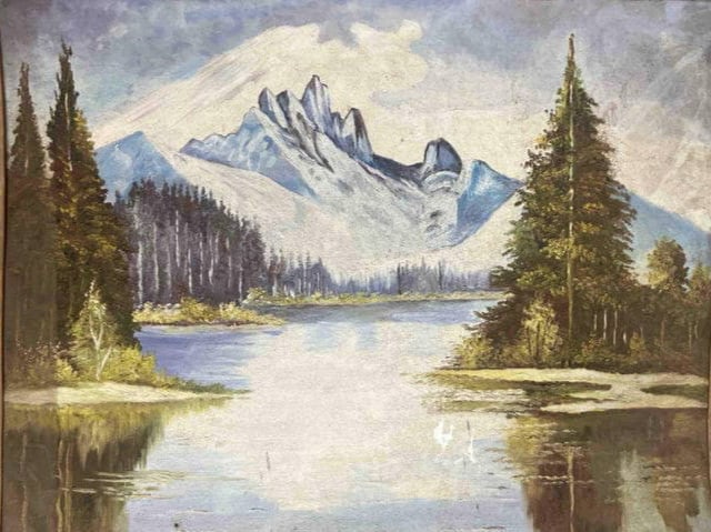 SERENE MOUNTAIN LAKE LANDSCAPE: SERENE MOUNTAIN LAKE LANDSCAPE A TRANQUIL LANDSCAPE PAINTING DEPICTING A STILL, REFLECTIVE LAKE SURROUNDED BY DENSE EVERGREEN FORESTS, WITH MAJESTIC SNOW-CAPPED MOUNTAINS RISING DRAMATICALLY IN THE DI