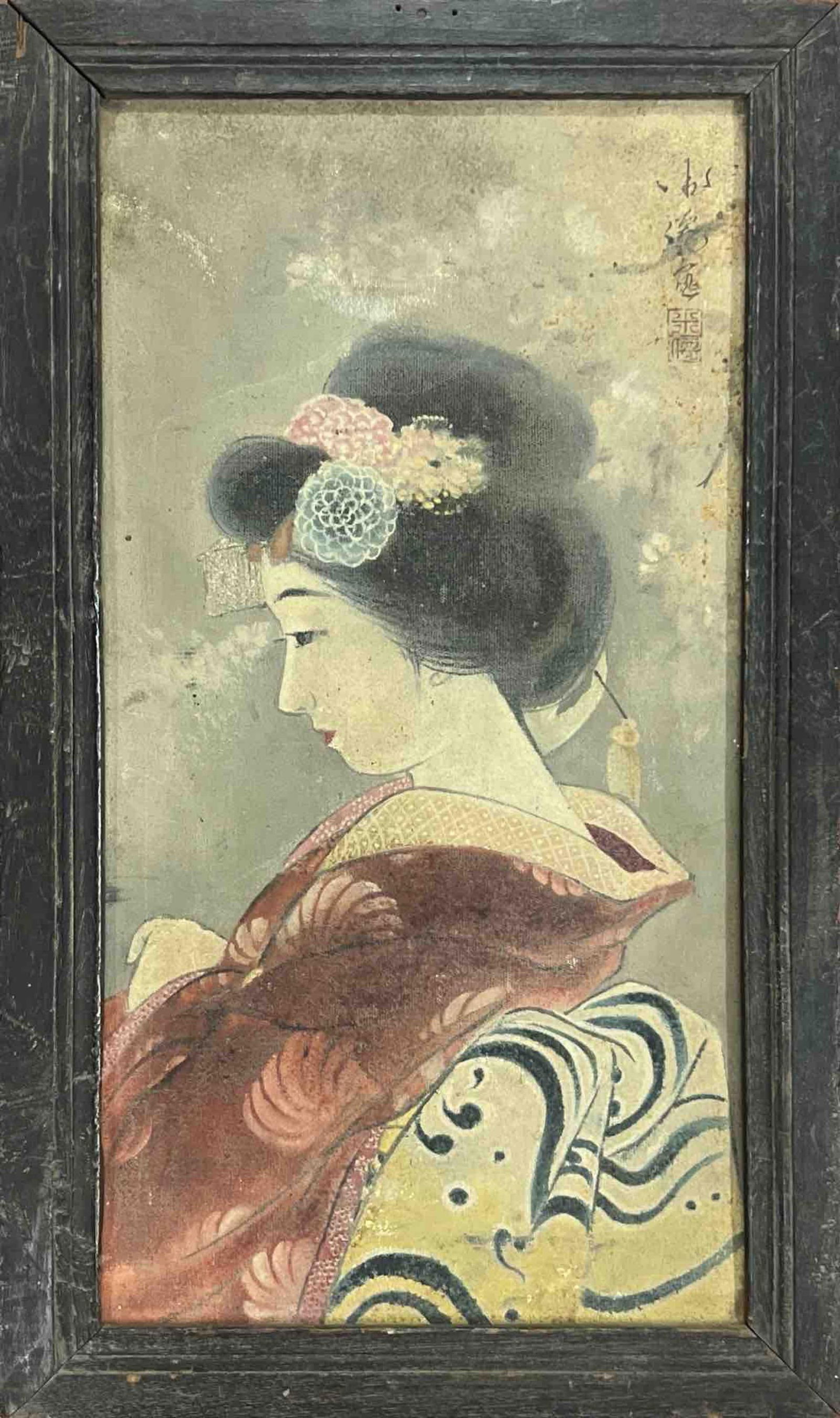 PORTRAIT OF A GEISHA IN KIMONO: PORTRAIT OF A GEISHA IN KIMONO THIS ELEGANT PAINTING DEPICTS A YOUNG WOMAN IN TRADITIONAL JAPANESE ATTIRE, PRESENTED IN A DELICATE PROFILE VIEW. HER HAIR IS ARRANGED IN A CLASSIC STYLE, ADORNED WITH I