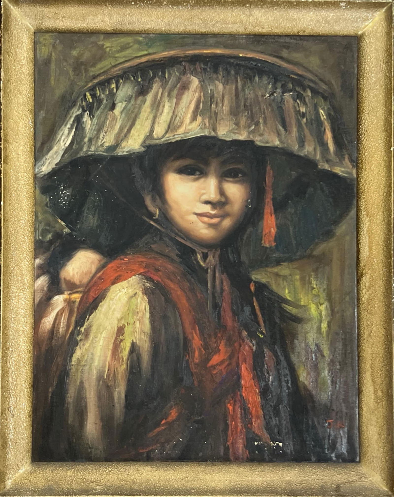 PORTRAIT OF A YOUNG WOMAN IN TRADITIONAL ASIAN ATTIRE: PORTRAIT OF A YOUNG WOMAN IN TRADITIONAL ASIAN ATTIRE THIS STRIKING PAINTING PORTRAYS A YOUNG WOMAN WEARING A LARGE, TRADITIONAL CONICAL HAT AND A RICHLY COLOURED GARMENT ACCENTED WITH RED AND EARTHY