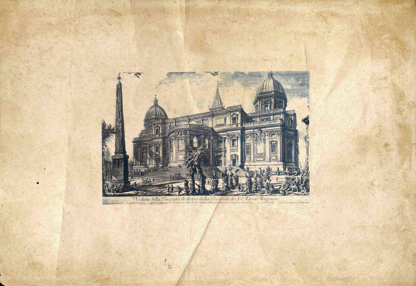 VEDUTA DELLA BASILICA DI SANTA MARIA MAGGIORE: VEDUTA DELLA BASILICA DI SANTA MARIA MAGGIORE AN HISTORICAL ARCHITECTURAL ENGRAVING DEPICTING THE BASILICA DI SANTA MARIA MAGGIORE IN ROME, ITALY. THE ARTWORK SHOWS A GRAND VIEW OF THE BASILICA’S FA
