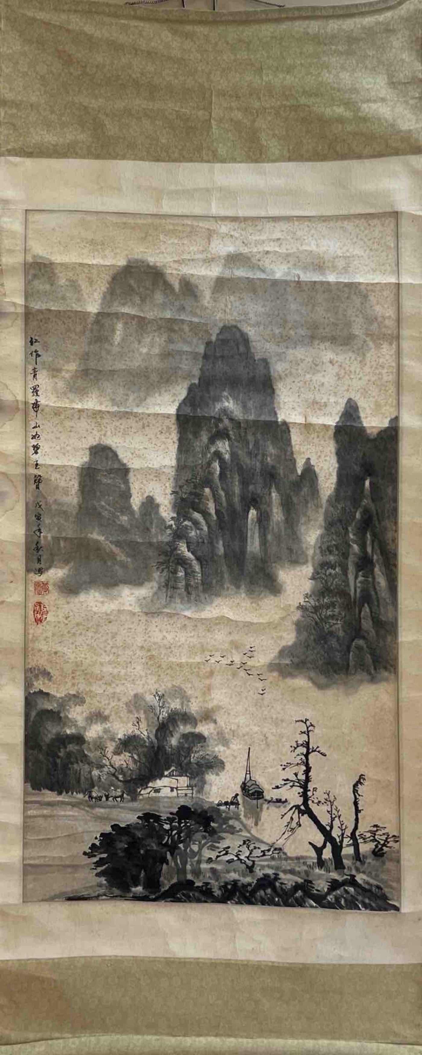 CHINESE INK LANDSCAPE SCROLL PAINTING – MOUNTAIN VILLAGE SCENE (1 of 1)