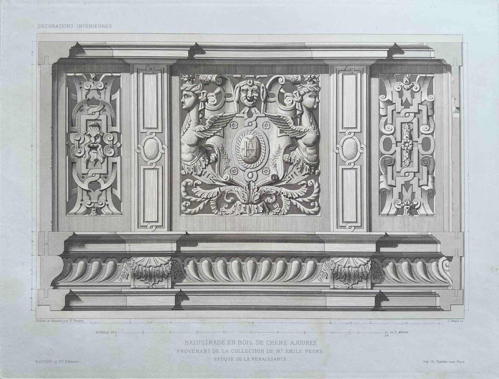 RENAISSANCE-STYLE ORNAMENTAL WOOD BALUSTRADE DESIGN: RENAISSANCE-STYLE ORNAMENTAL WOOD BALUSTRADE DESIGN A HIGHLY DETAILED ARCHITECTURAL ILLUSTRATION SHOWING AN ELABORATE CARVED OAK BALUSTRADE. THE CENTRAL PANEL FEATURES A CREST SUPPORTED BY TWO