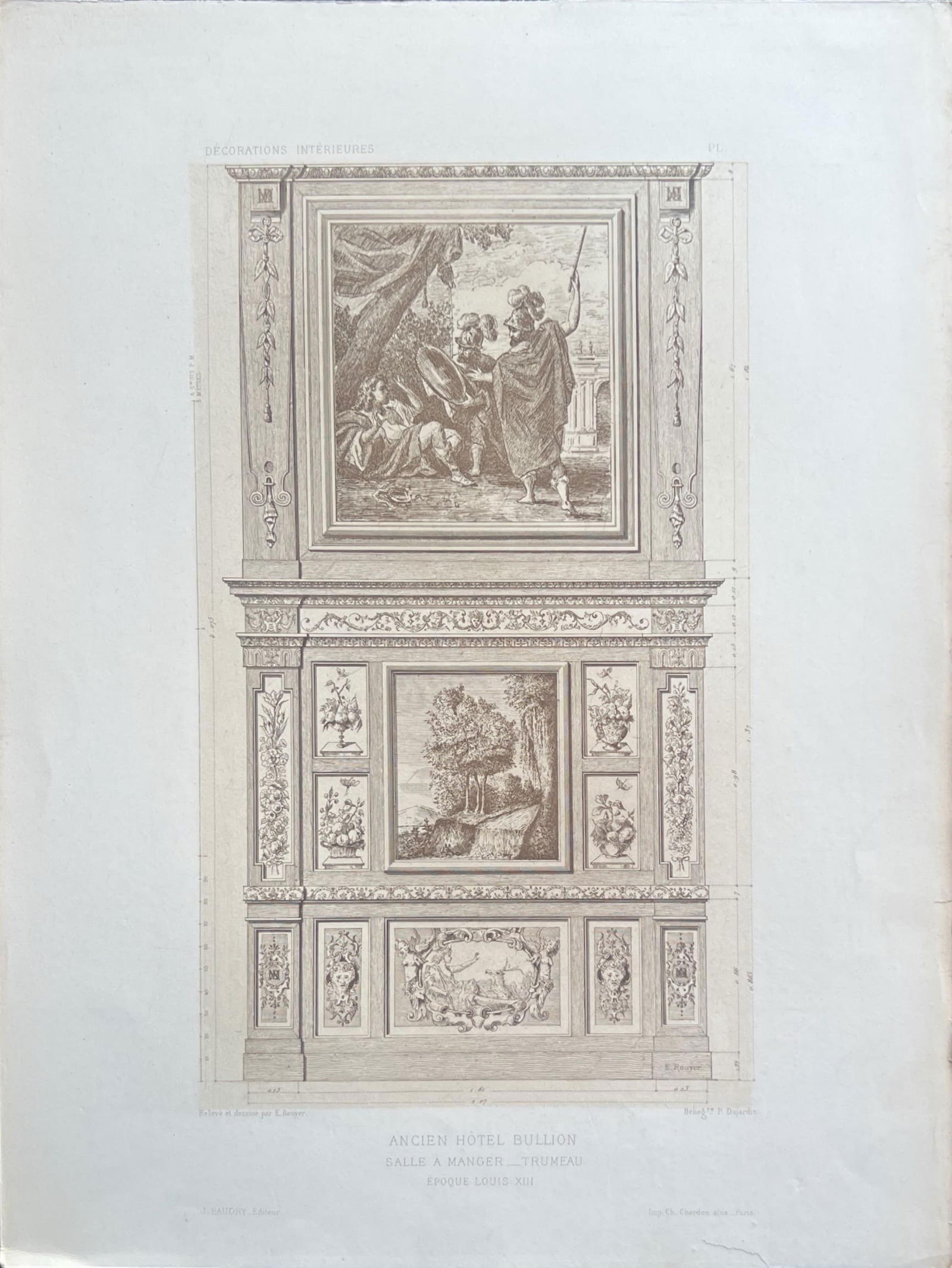 DECORATIVE PANEL DESIGN FROM AN HISTORICAL FRENCH INTERIOR: DECORATIVE PANEL DESIGN FROM AN HISTORICAL FRENCH INTERIOR AN INTRICATE ARCHITECTURAL DRAWING FEATURING A LARGE DECORATIVE PANEL WITH CLASSICAL PAINTED SCENES, ORNATE FRAMING, AND SYMMETRICAL FLORAL