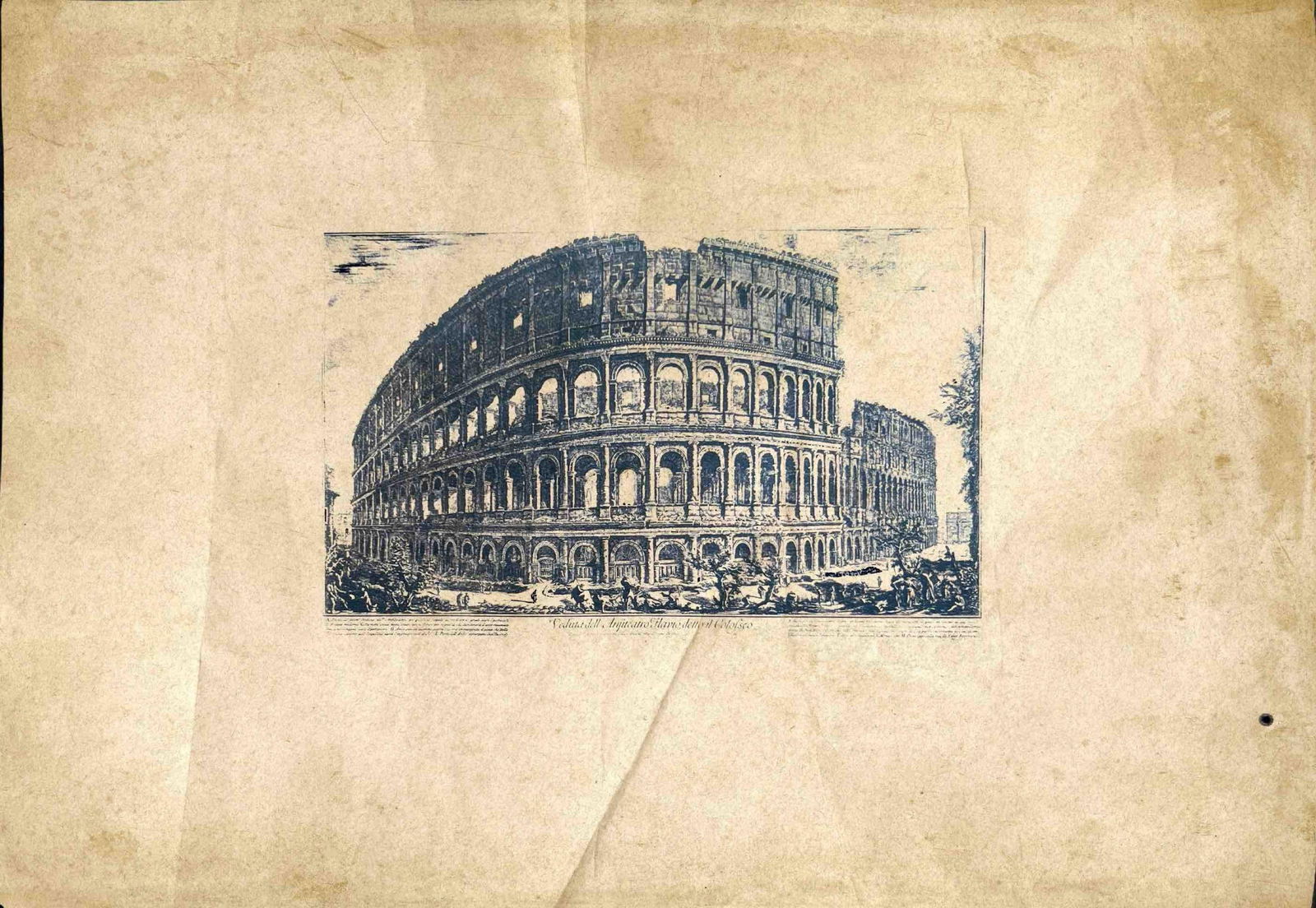 ANTIQUE ENGRAVING OF THE COLOSSEUM, ROME: ANTIQUE ENGRAVING OF THE COLOSSEUM, ROME THIS IMAGE DEPICTS A HISTORICAL ENGRAVING OF THE COLOSSEUM, THE ICONIC ANCIENT AMPHITHEATRE OF ROME. THE ARTWORK SHOWS THE MASSIVE ELLIPTICAL STRUCTURE WITH