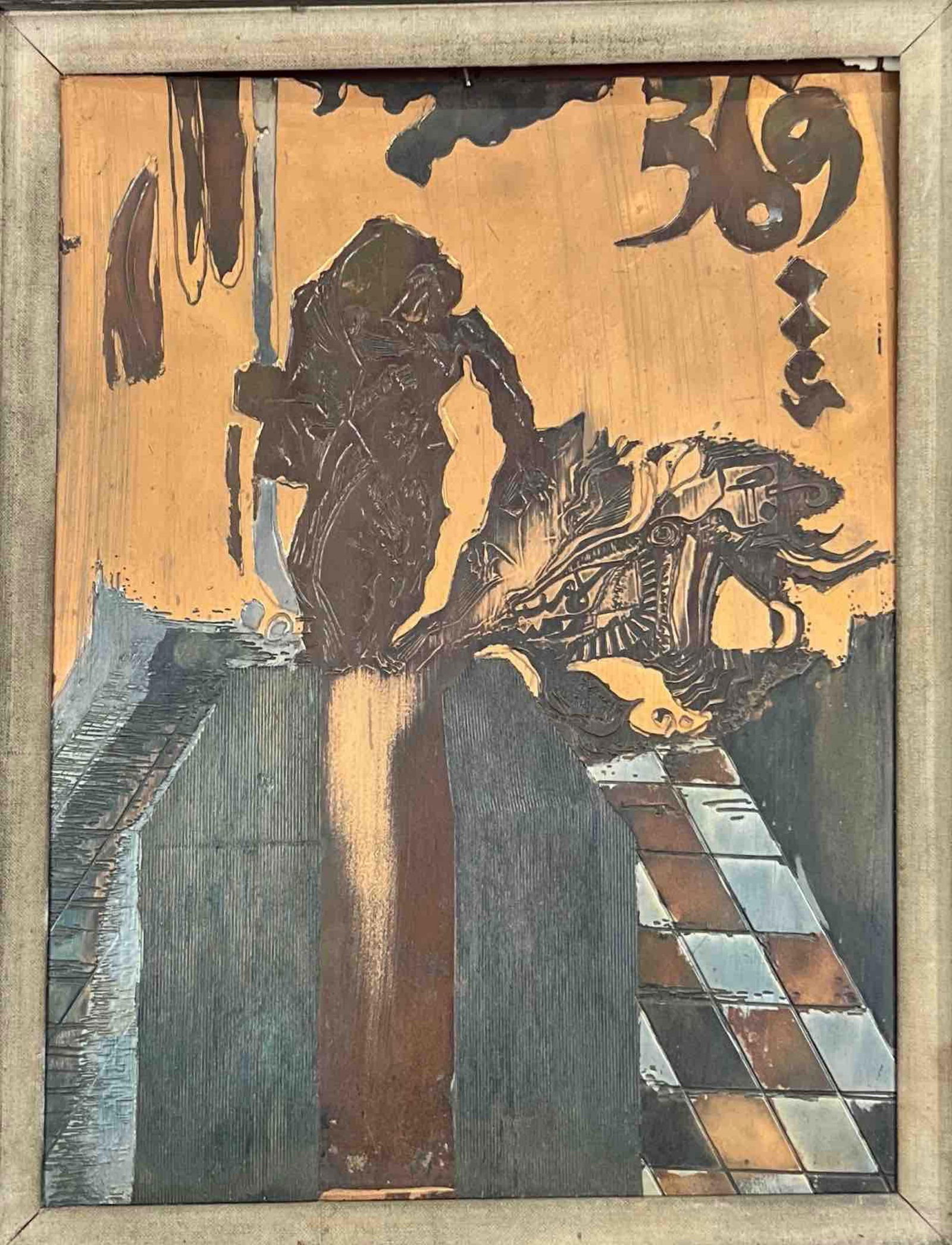 ABSTRACT FIGURATIVE COMPOSITION WITH GEOMETRIC FLOOR AND ORGANIC FORMS: ABSTRACT FIGURATIVE COMPOSITION WITH GEOMETRIC FLOOR AND ORGANIC FORMS THIS IMAGE FEATURES AN ABSTRACT, TEXTURED COMPOSITION WITH A CENTRAL FIGURE-LIKE SHAPE EMERGING AGAINST A WARM, EARTH-TONED