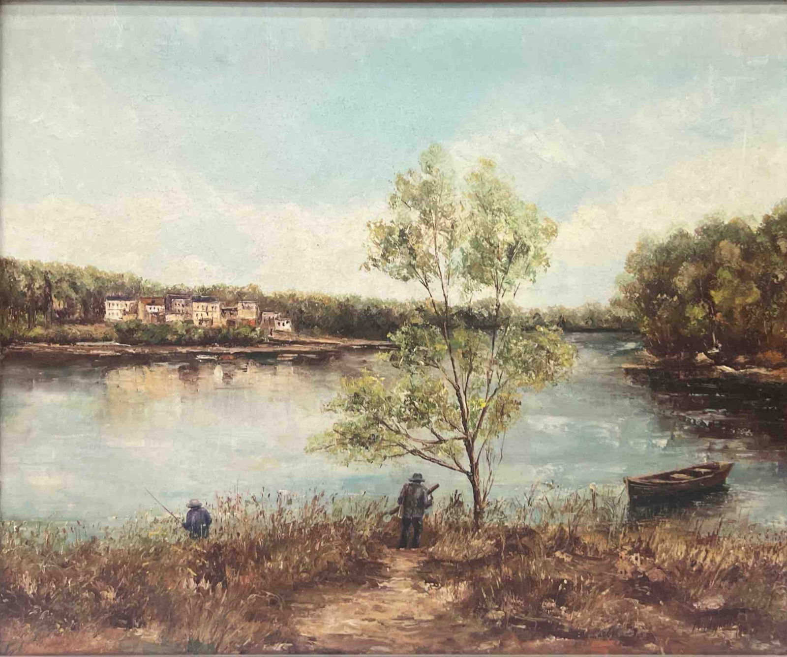 LANDSCAPE PAINTING OF RIVERBANK WITH FISHERMEN AND BOAT: LANDSCAPE PAINTING OF RIVERBANK WITH FISHERMEN AND BOAT THIS IMAGE SHOWS A SERENE LANDSCAPE PAINTING FEATURING A CALM RIVER SURROUNDED BY TREES AND GRASSY BANKS. TWO FIGURES ARE SEEN FISHING IN THE