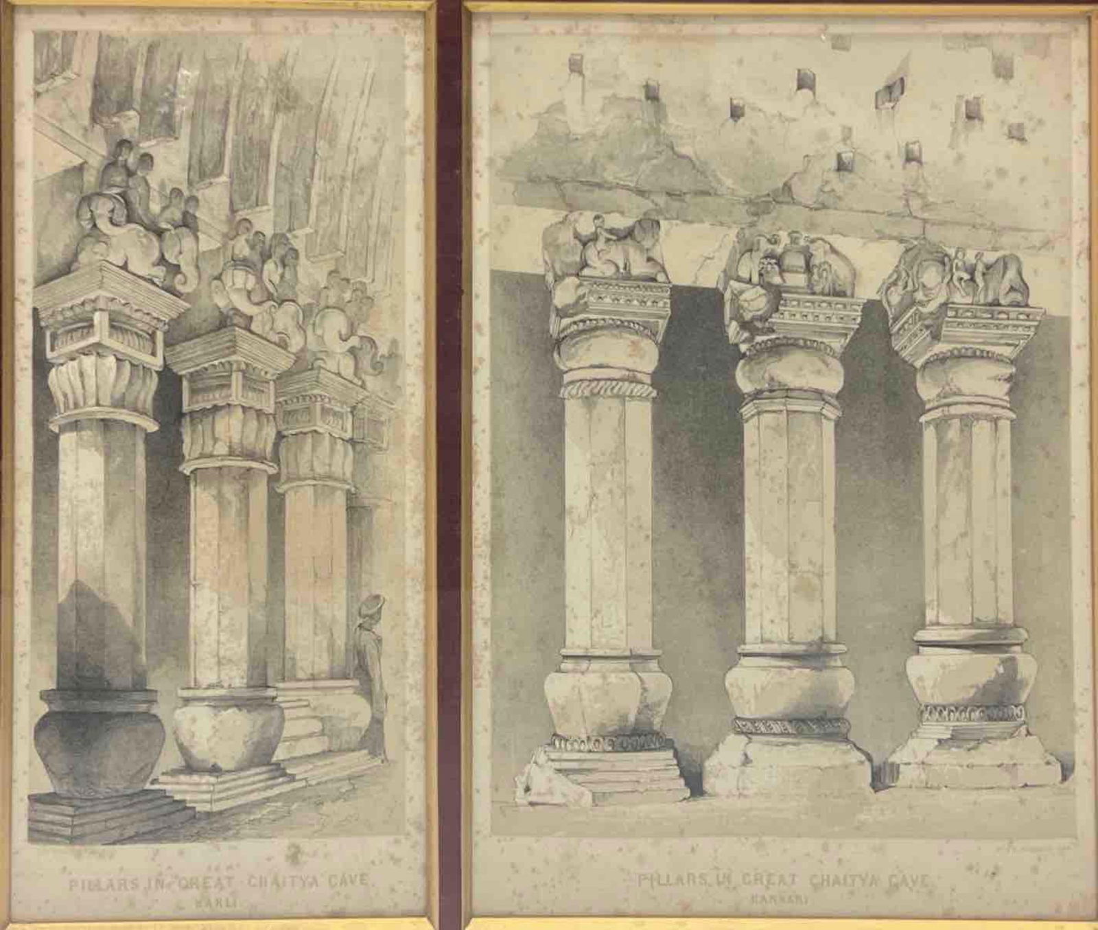 ARCHITECTURAL DRAWINGS OF PILLARS IN KARELI CHAITYA CAVE, KARLI: ARCHITECTURAL DRAWINGS OF PILLARS IN KARELI CHAITYA CAVE, KARLI THE IMAGE SHOWS TWO DETAILED ARCHITECTURAL DRAWINGS FEATURING THE INTRICATELY CARVED PILLARS FROM THE ANCIENT KARELI (KARLI) CHAITYA