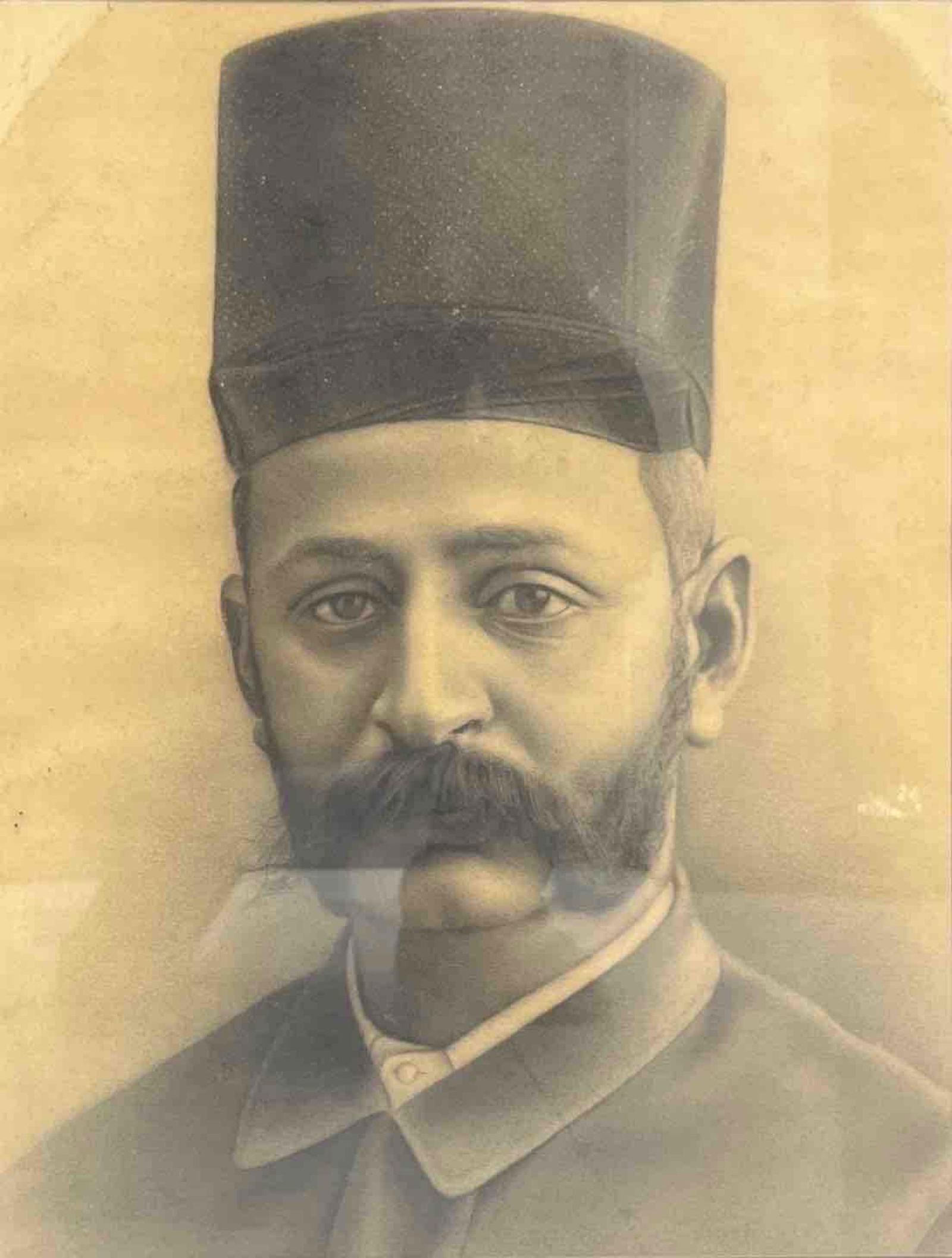 PORTRAIT OF A GENTLEMAN IN TRADITIONAL HEADGEAR: PORTRAIT OF A GENTLEMAN IN TRADITIONAL HEADGEAR THIS ARTWORK FEATURES A DIGNIFIED GENTLEMAN PRESENTED IN A CLASSIC, SEPIA-TONED PORTRAIT STYLE. HE WEARS A TALL, TRADITIONAL CYLINDRICAL HAT AND A