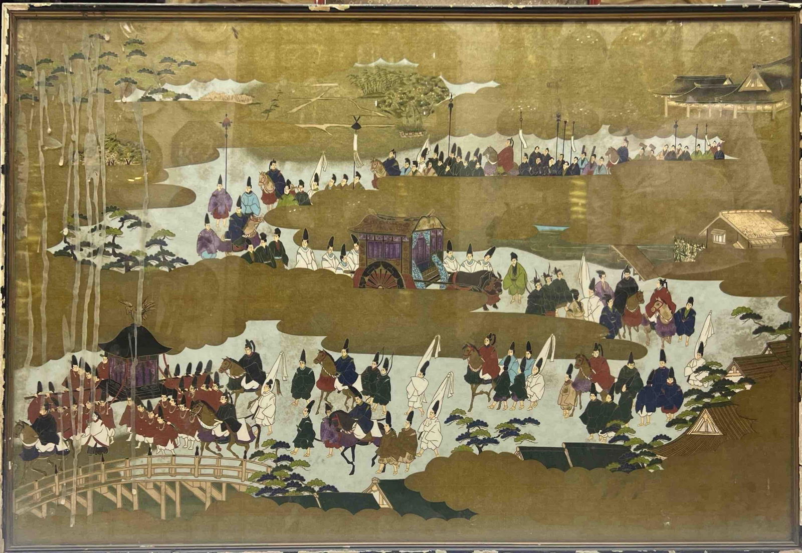 IMPERIAL PROCESSION THROUGH A LANDSCAPE: IMPERIAL PROCESSION THROUGH A LANDSCAPE THIS ELABORATE PAINTING DEPICTS A GRAND IMPERIAL OR NOBLE PROCESSION MOVING THROUGH A TRADITIONAL JAPANESE LANDSCAPE. THE SCENE IS RICHLY POPULATED WITH