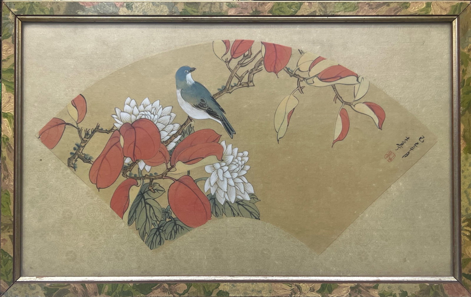 TRADITIONAL FAN-SHAPED PAINTING – BIRD ON BRANCH WITH RED LEAVES AND WHITE FLOWERS: TRADITIONAL FAN-SHAPED PAINTING – BIRD ON BRANCH WITH RED LEAVES AND WHITE FLOWERS A BEAUTIFULLY RENDERED TRADITIONAL ASIAN PAINTING PRESENTED IN A FAN-SHAPED COMPOSITION, FEATURING A SMALL