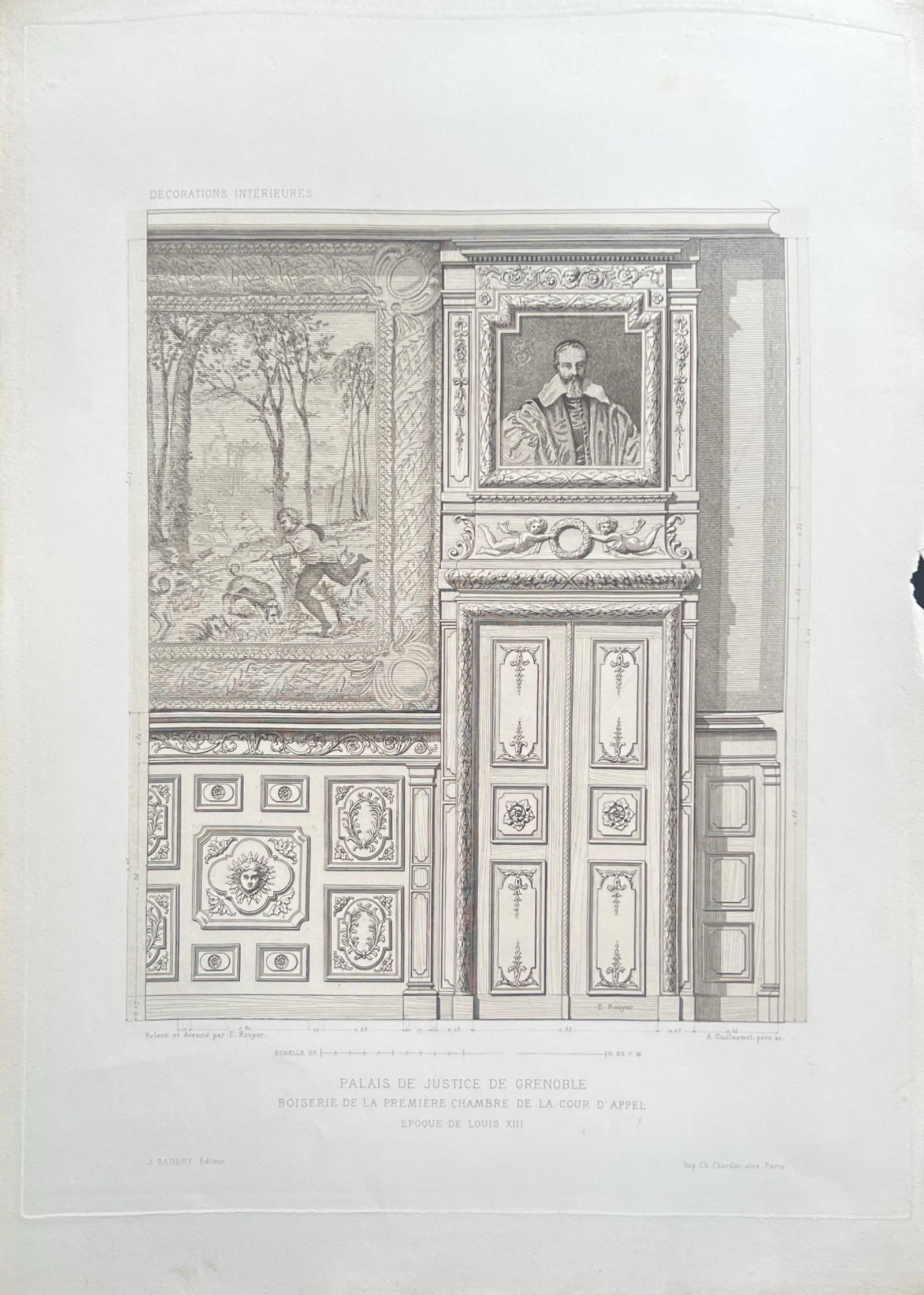 INTERIOR DECORATION OF THE PALAIS DE JUSTICE DE GRENOBLE: INTERIOR DECORATION OF THE PALAIS DE JUSTICE DE GRENOBLE THIS DETAILED ARCHITECTURAL PLATE DEPICTS THE ORNATE WOOD PANELING (BOISERIE) FROM THE FIRST CHAMBER OF THE COURT OF APPEAL (PREMIÈRE CHAMBRE