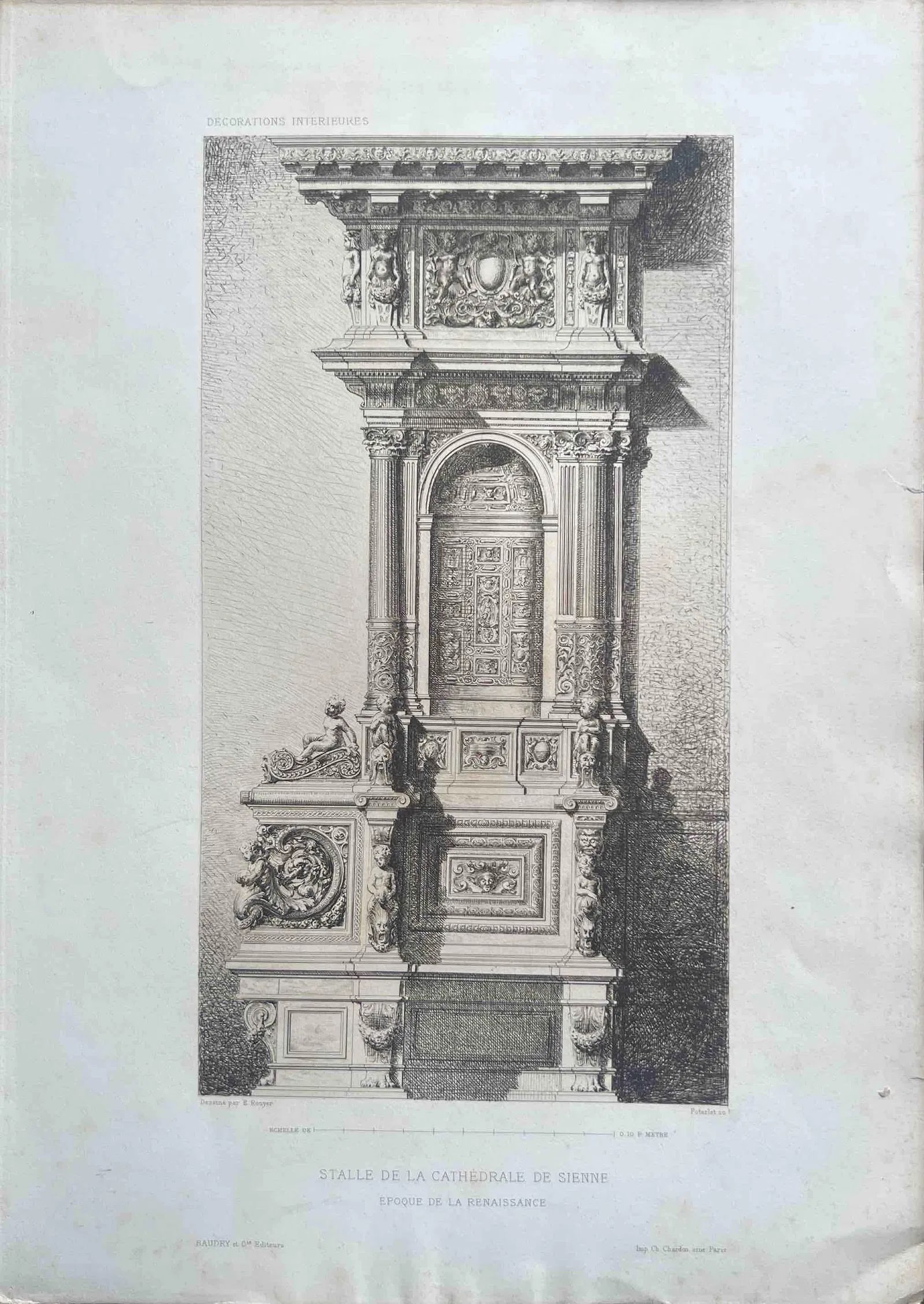 STALL DE LA CATHÉDRALE DE SIENNE – RENAISSANCE ARCHITECTURAL ENGRAVING: STALL DE LA CATHÉDRALE DE SIENNE – RENAISSANCE ARCHITECTURAL ENGRAVING THIS DETAILED ARCHITECTURAL ENGRAVING DEPICTS AN ELABORATELY CARVED STALL FROM THE CATHEDRAL OF SIENA, REPRESENTING