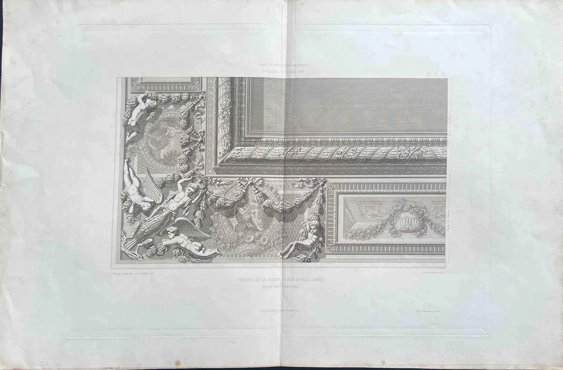 ORNATE CEILING DECORATION WITH PUTTI AND FLORAL MOTIFS – ARCHITECTURAL ENGRAVING: ORNATE CEILING DECORATION WITH PUTTI AND FLORAL MOTIFS – ARCHITECTURAL ENGRAVING THIS ELEGANT ARCHITECTURAL ENGRAVING PRESENTS A HIGHLY DETAILED SECTION OF A DECORATED CEILING, FEATURING