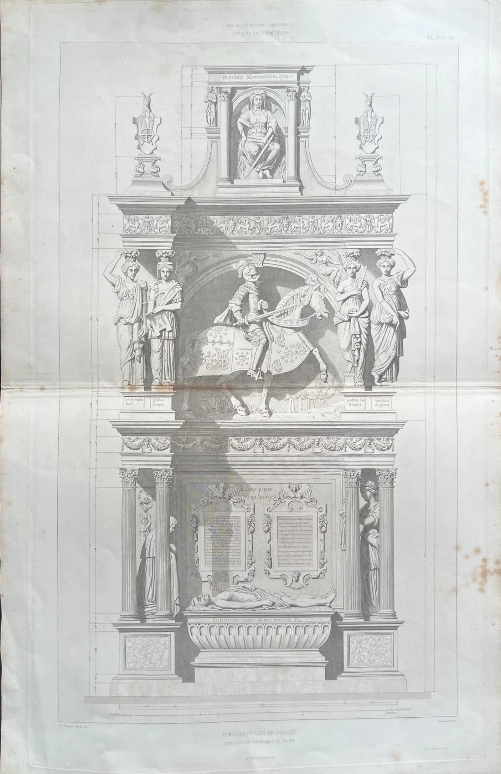 NEOCLASSICAL MONUMENT DESIGN WITH EQUESTRIAN RELIEF AND SCULPTURAL FIGURES: NEOCLASSICAL MONUMENT DESIGN WITH EQUESTRIAN RELIEF AND SCULPTURAL FIGURES THIS IMAGE FEATURES A HIGHLY DETAILED ARCHITECTURAL DRAWING OF A GRAND NEOCLASSICAL MONUMENT OR MEMORIAL FAÇADE. THE COM