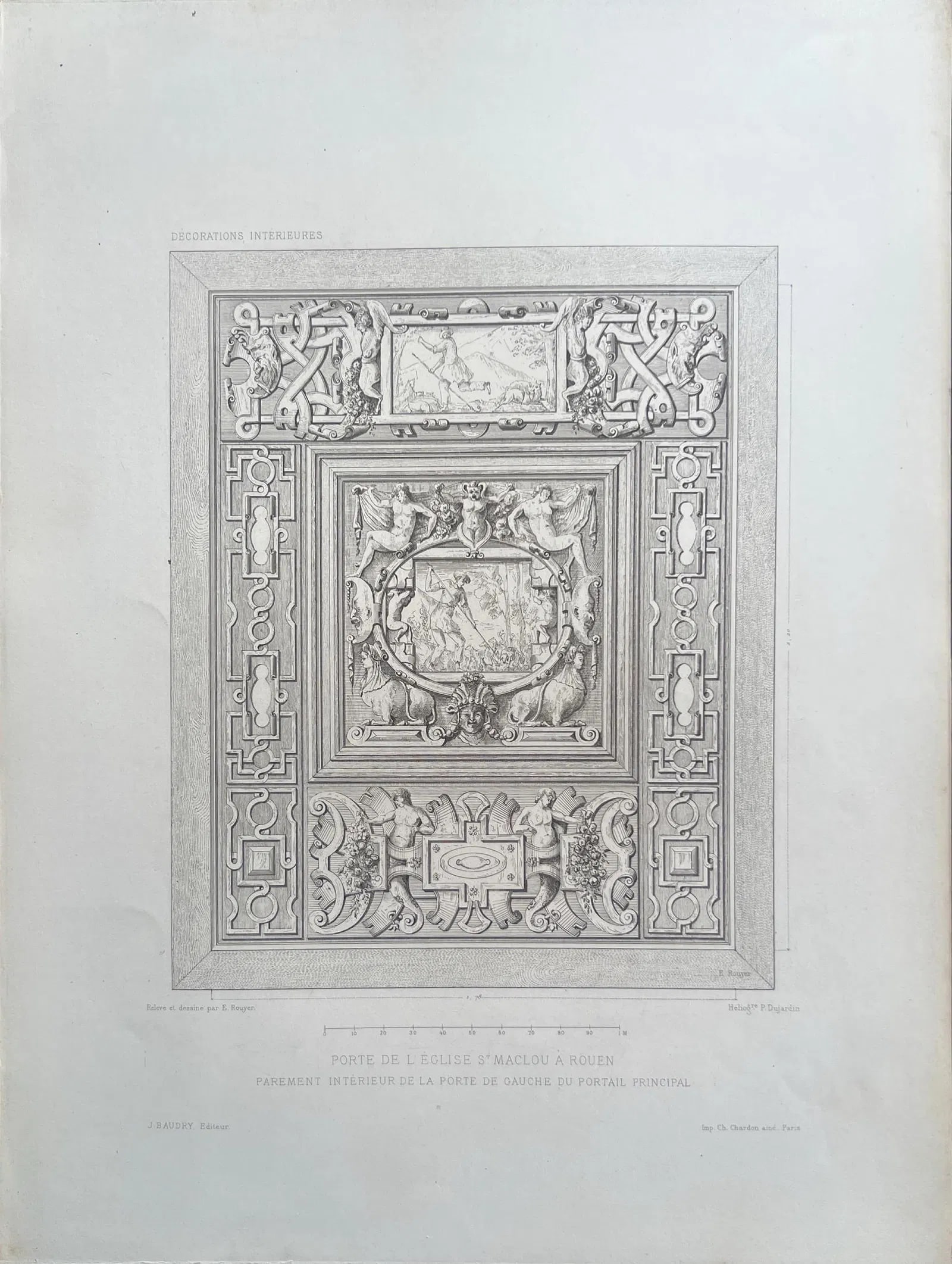 INTERIOR PANELING OF THE LEFT DOOR OF THE MAIN PORTAL, ÉGLISE SAINT-MACLOU, ROUEN: INTERIOR PANELING OF THE LEFT DOOR OF THE MAIN PORTAL, EGLISE SAINT-MACLOU, ROUENTHE IMAGE SHOWS A HIGHLY DETAILED ARCHITECTURAL DRAWING OF THE INTERIOR PANELING FROM THE LEFT DOOR OF THE PRINCIPAL PO