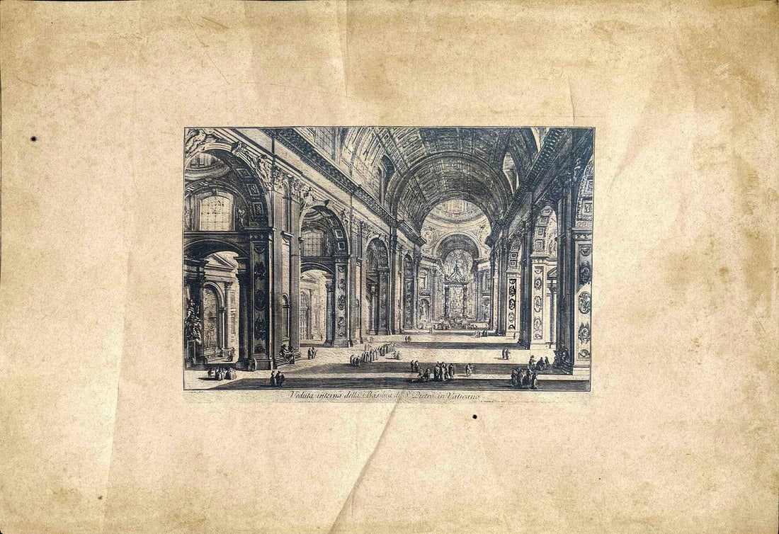 GRAND INTERIOR OF A HISTORIC CATHEDRAL: GRAND INTERIOR OF A HISTORIC CATHEDRAL AN OLD ENGRAVING-STYLE IMAGE SHOWING THE VAST INTERIOR OF A MAGNIFICENT CATHEDRAL WITH HIGH VAULTED CEILINGS, MASSIVE ARCHES, AND ELABORATE BAROQUE ARCHITECTURE.