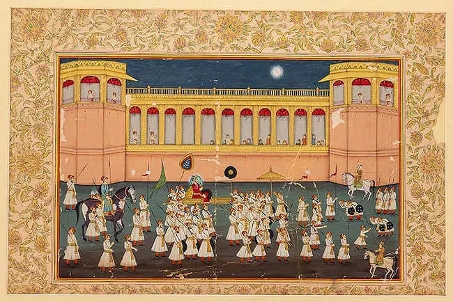 19TH-CENTURY INDIAN MUGHAL MINIATURE PAINTING DEPICTING A KING ON A PALANQUIN IN A ROYAL PALACE: 19TH-CENTURY INDIAN MUGHAL MINIATURE PAINTING DEPICTING A KING ON A PALANQUIN IN A ROYAL PALACE COURTYARD 9.5 X 14.5 INCHES 9.5 X 14.5 INCHES