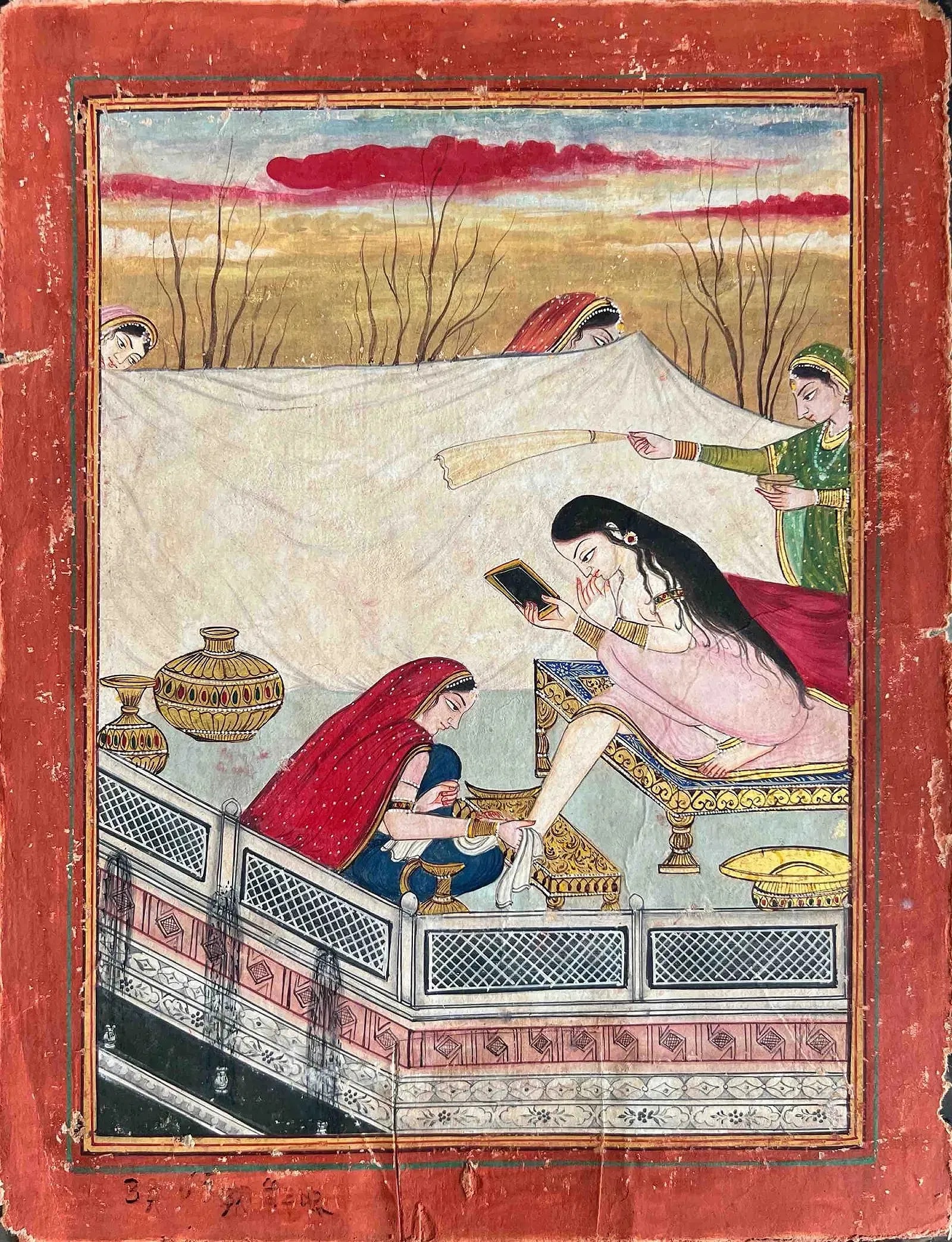KANGRA MINIATURE - SHRINGAAR SERIES: KANGRA MINIATURE - SHRINGAAR SERIES A STUNNING PIECE FROM THE SHRINGAAR SERIES OF THE KANGRA SCHOOL, ILLUSTRATING THE ARTISTIC VIBRANCY AND DEVOTION THAT DEFINES THE PAHARI MINIATURE TRADITIION ABOUT