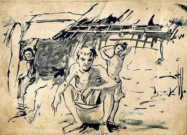 RABIN MONDAL (1929–2019) BENGAL VILLAGE SCENE l SKETCH ON PAPER. SIZE: 8 × 6 IN | 11 × 15 IN: RABIN MONDAL (1929–2019) BENGAL VILLAGE SCENE SKETCH ON PAPER. SIZE: 8 × 6 IN | 11 × 15 IN ABOUT THE ARTIST RABIN MONDAL (1929–2019) WAS A RENOWNED INDIAN MODERNIST PAINTER AND A FOUNDING MEMBER