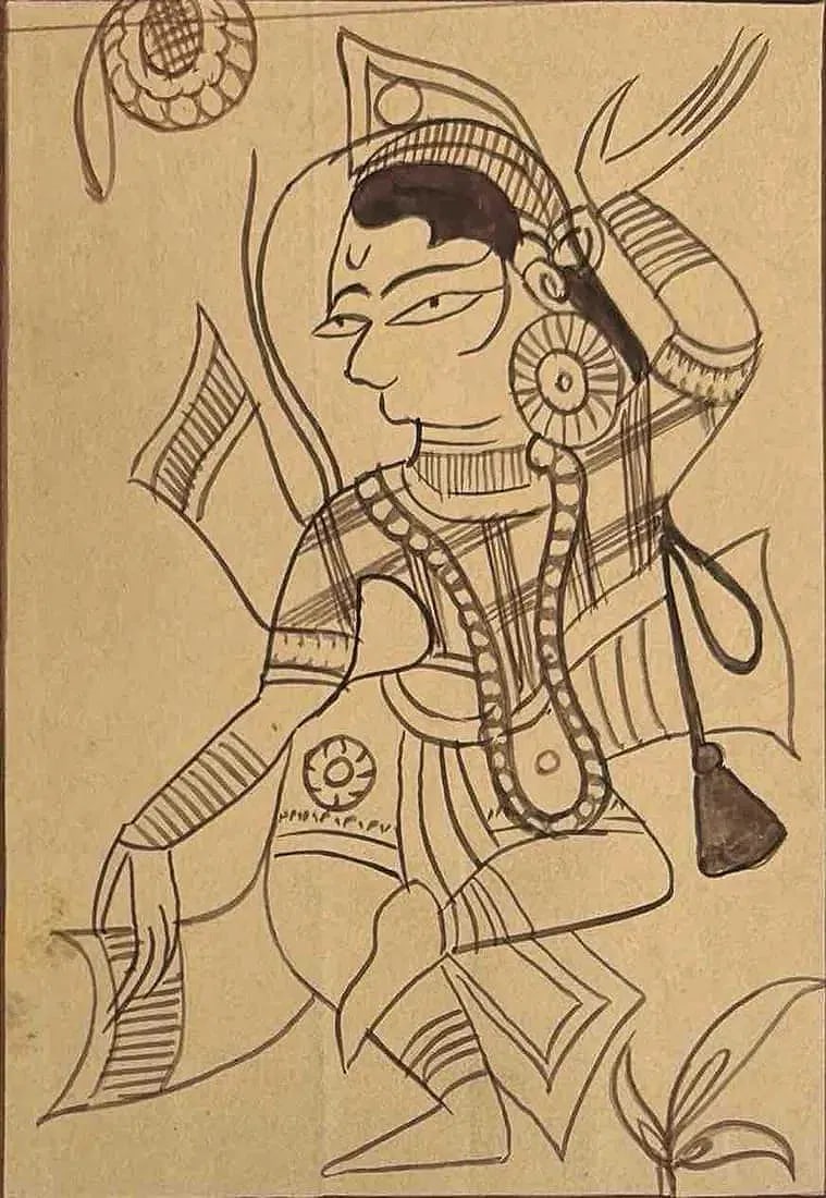 RARE JAIN KALPASUTRA MANUSCRIPT DRAWING: RARE JAIN KALPASUTRA MANUSCRIPT DRAWING - EXQUISITE DEPICTION OF KOSA DANCEA MAGNIFICENT AND HIGHLY DETAILED ILLUSTRATION FROM A JAIN KALPASUTRA MANUSCRIPT, SHOWCASING THE ELEGANT KOSA DANCE. THIS HIS