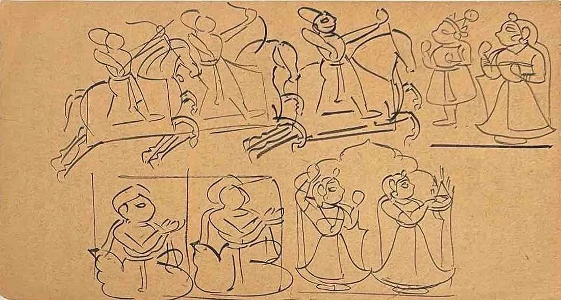 RARE INDIAN RAGHOGARH SCHOOL MINIATURE: RARE INDIAN RAGHOGARH SCHOOL MINIATURE SKETCHAN EXCEPTIONAL MINIATURE SKETCH FROM THE RAGHOGARH SCHOOL, SHOWCASING ITS REFINED DETAIL AND ELEGANCE9 X 5.5 INCHESABOUT THE SCHOOL OF ART RAGHOGARH SCHOOL