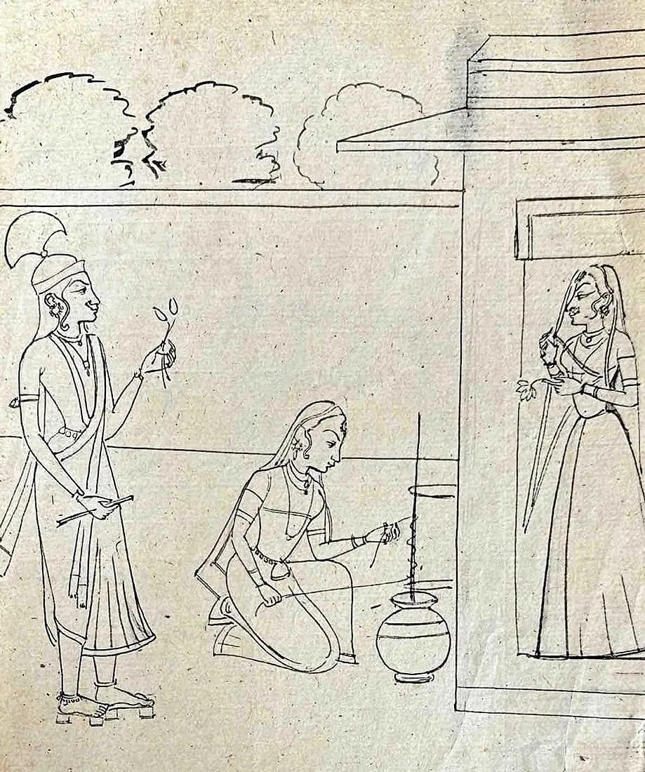 INDIAN KISHANGARH SCHOOL SKETCH OF RADHA KRISHNA AND MAID CHURNING BUTTER: INDIAN KISHANGARH SCHOOL SKETCH OF RADHA KRISHNA AND MAID CHURNING BUTTER - A DELICATE SKETCH FROM THE KISHANGARH SCHOOL DEPICTING RADHA AND KRISHNA, ACCOMPANIED BY A MAID CHURNING BUTTER. THIS SKETCH