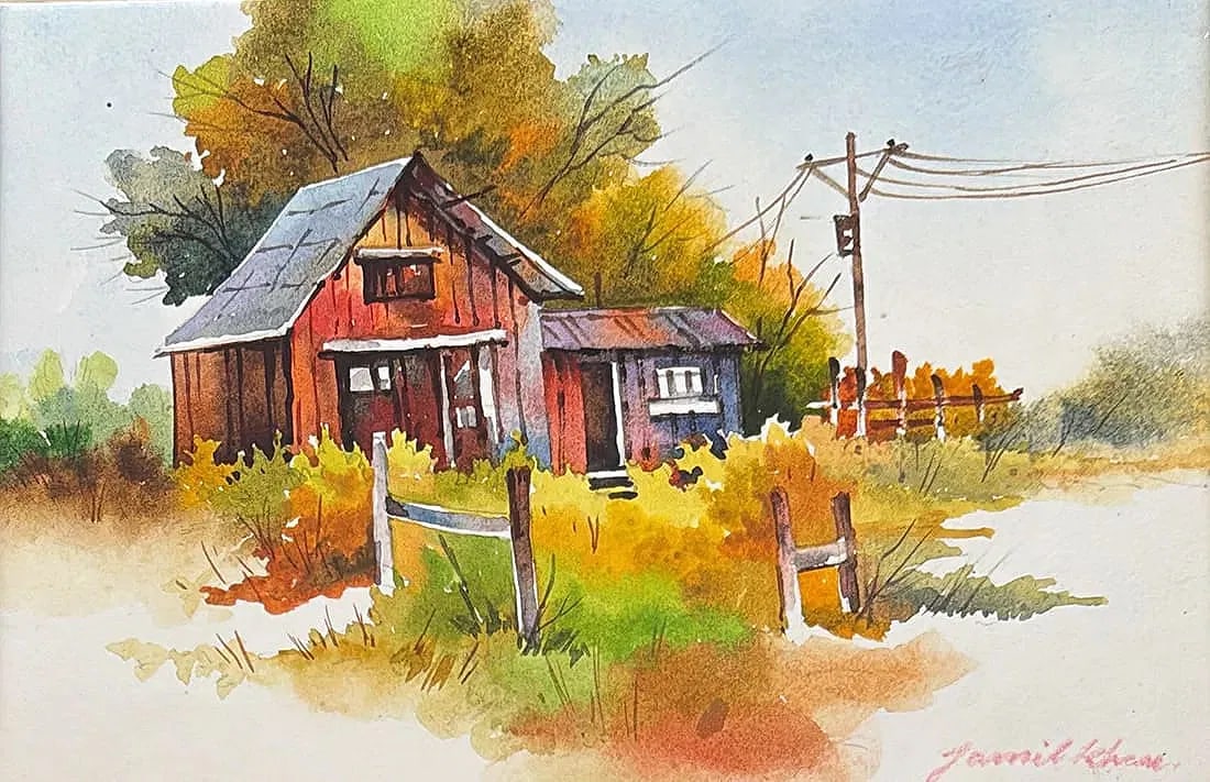 JAMEEL KHAN (INDIAN) "VILLAGE SCENE" WATERCOLOR ON PAPER: JAMEEL KHAN (INDIAN) "VILLAGE SCENE" WATERCOLOR ON PAPER. A STRIKING WATERCOLOR PAINTING BY RENOWNED KOLKATA ARTIST JAMEEL KHAN, CAPTURING A SERENE VILLAGE SCENE. KHAN'S USE OF COLOR AND FORM BRINGS A