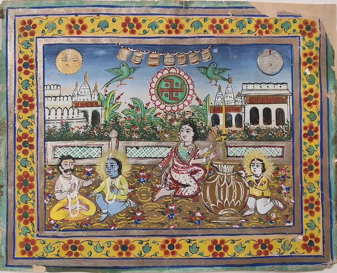 RAJASTHANI OR PAHARI "KRISHNA'S PLAYFUL CHILDHOOD" LATE 19TH - EARLY 20TH CENTURY: RAJASTHANI OR PAHARI "KRISHNA'S PLAYFUL CHILDHOOD" LATE 19TH - EARLY 20TH CENTURY, OPAQUE WATERCOLOR AND GOLD ON PAPER. THIS VIBRANT MINIATURE DEPICTS A PLAYFUL KRISHNA SEATED IN A COURTYARD, INTERACT