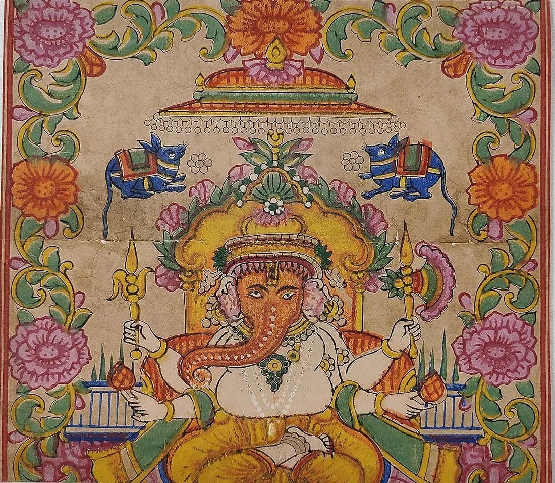 RAJASTHANI OR PAHARI SCHOOL "GANAPATI IN ROYAL SPLENDOR" LATE 18TH - EARLY 19TH CENTURY: RAJASTHANI OR PAHARI SCHOOL"GANAPATI IN ROYAL SPLENDOR" LATE 18TH - EARLY 19TH CENTURY, OPAQUE WATERCOLOR AND GOLD ON PAPER. THIS DETAILED MINIATURE PORTRAYS LORD GANESHA SEATED ON A GOLDEN THRONE, AD