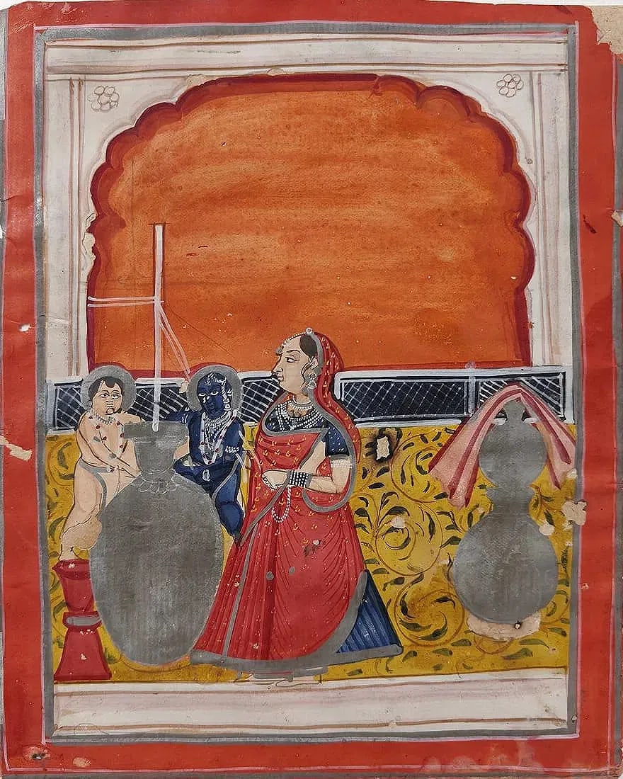 KANGRA OR JAIPUR SCHOOL "KRISHNA AND BALARAMA WITH YASHODA" LATE 18TH - EARLY 19TH CENTURY: KANGRA OR JAIPUR SCHOOL"KRISHNA AND BALARAMA WITH YASHODA" LATE 18TH - EARLY 19TH CENTURY, NATURAL PIGMENTS ON PAPER WITH GOLD AND SILVER HIGHLIGHTS. THIS MINIATURE PAINTING PORTRAYS A TENDER CHILDHOO