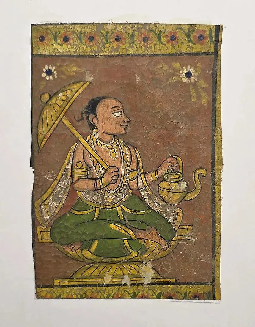 REGAL ASCETIC "A NOBLEMAN WITH A PARASOL AND RITUAL VESSEL": REGAL ASCETIC "A NOBLEMAN WITH A PARASOL AND RITUAL VESSEL" A NOBLEMAN OR SAGE, RICHLY ADORNED, HOLDING A SPOUTED VESSEL AND CEREMONIAL PARASOL, SYMBOLIZING WISDOM AND STATUS.OPAQUE WATERCOLORS AND GO