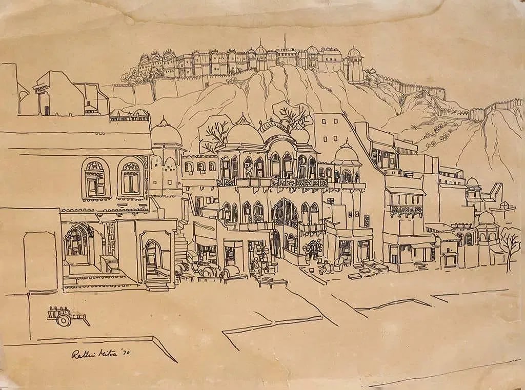 RATHIN MAITRA (1913-1997) TOWNSCAPE SIGNED AND DATED RATHIN MAITRA '70 (LOWER LEFT) FELT PEN ON PAPE: RATHIN MAITRA (1913-1997) TOWNSCAPE SIGNED AND DATED RATHIN MAITRA '70 (LOWER LEFT) FELT PEN ON PAPER 48 X 64 CMABOUT THE ARTISTRATHIN MAITRA BENGAL SCHOOL ARTIST (1913-2007) CELEBRATED FOR DELICATE W