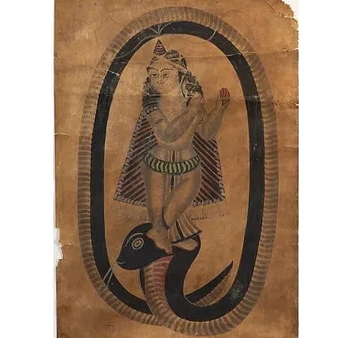 AN OLD BENGAL SCHOOL KALIGHAT PAINTING OF KALIYA MARDAN: AN OLD BENGAL SCHOOL KALIGHAT PAINTING OF KALIYA MARDAN WHEN KRISHNA KILLS THE DEMON KALIYA. KRISHNA SLOWLY ROSE UP FROM THE BOTTOM OF THE RIVER WHILE DANCING ON KALIYA'S HEAD. WHEN THE PEOPLE SAW KRI