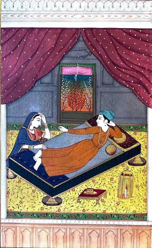 INTIMATE MOMENT IN A MUGHAL CHAMBER. SIZE: 8 × 11 IN: INTIMATE MOMENT IN A MUGHAL CHAMBER. SIZE: 8 × 11 IN THIS BEAUTIFUL MUGHAL MINIATURE PAINTING DEPICTS A TENDER SCENE OF INTIMACY AND EMOTION BETWEEN TWO FIGURES IN A LUXURIOUS INDOOR SETTING. THE COM