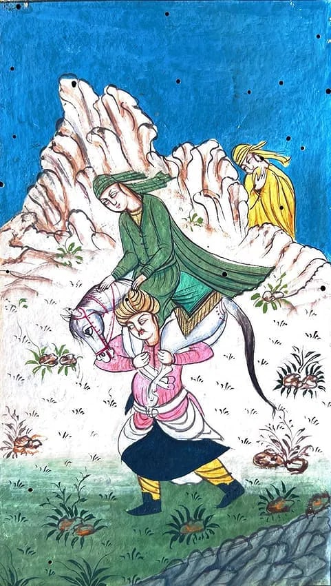 HEROIC DEVOTION – THE MOUNTED BURDEN: HEROIC DEVOTION – THE MOUNTED BURDEN THIS PAINTING DEPICTS AN EXTRAORDINARY SCENE OF LOYALTY AND SACRIFICE FROM PERSIAN OR MUGHAL MINIATURE TRADITION. A MAN CARRIES BOTH A HORSE AND ITS RIDER—A WO