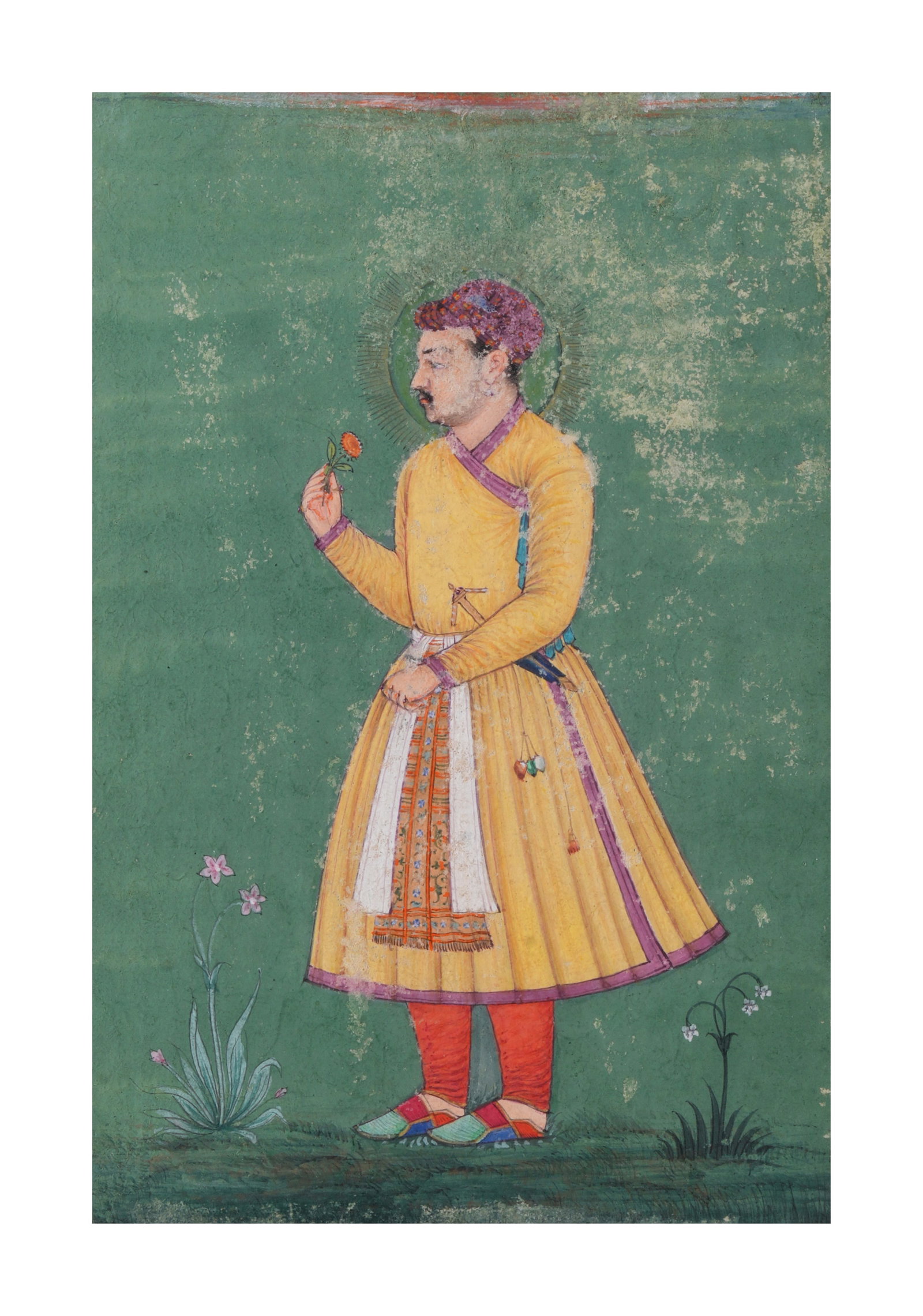 MUGHAL PORTRAIT – STANDING NOBLEMAN HOLDING A FLOWER IN A GARDEN SETTING, 19TH CENTURY - 2