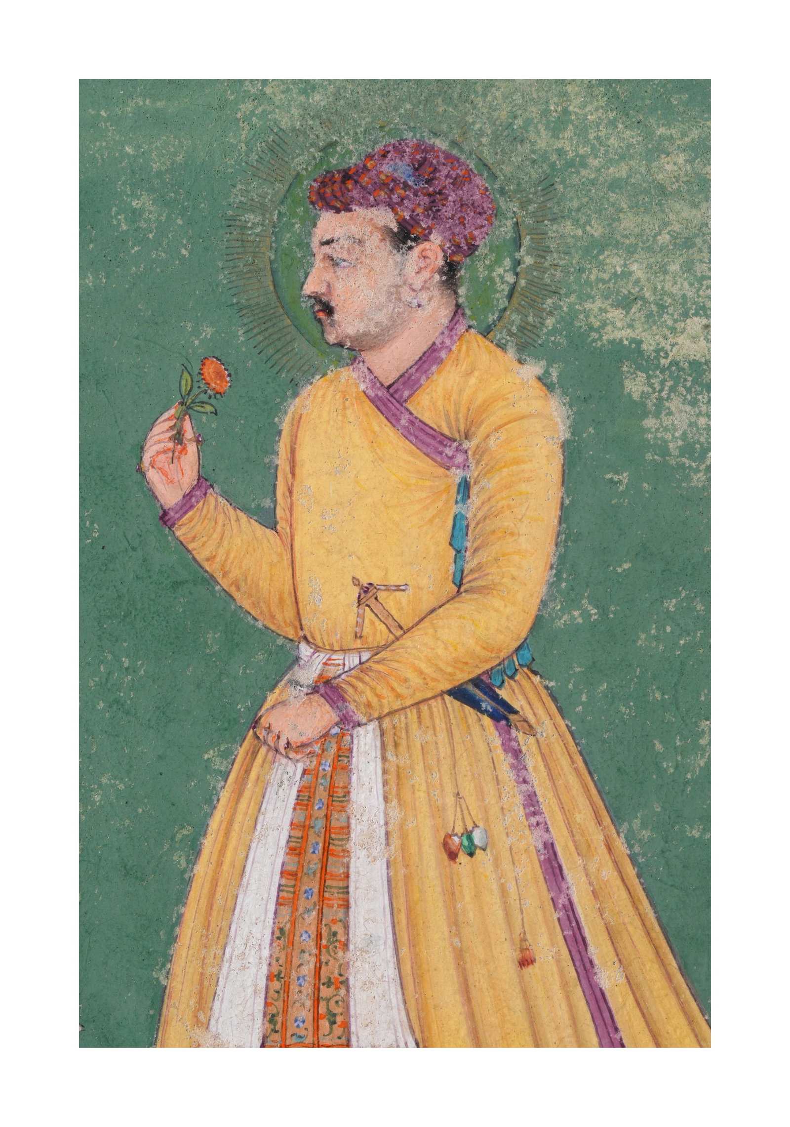MUGHAL PORTRAIT – STANDING NOBLEMAN HOLDING A FLOWER IN A GARDEN SETTING, 19TH CENTURY - 3