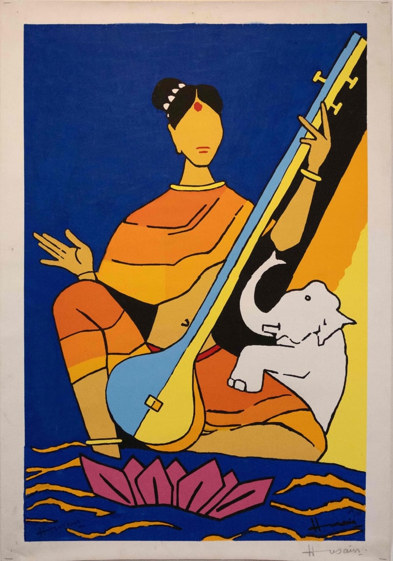 M. F. HUSAIN (1915–2011) SERIGRAPH ON CANVAS OF GODDESS SARASWATI WITH VEENA AND SWAN, SIGNED | |: AN ORIGINAL SERIGRAPH ON CANVAS ATTRIBUTED TO RENOWNED MODERN INDIAN ARTIST M. F. HUSAIN (1915–2011), DEPICTING THE HINDU GODDESS SARASWATI SEATED WITH HER VEENA, ACCOMPANIED BY A SWAN AND A LOTUS. 