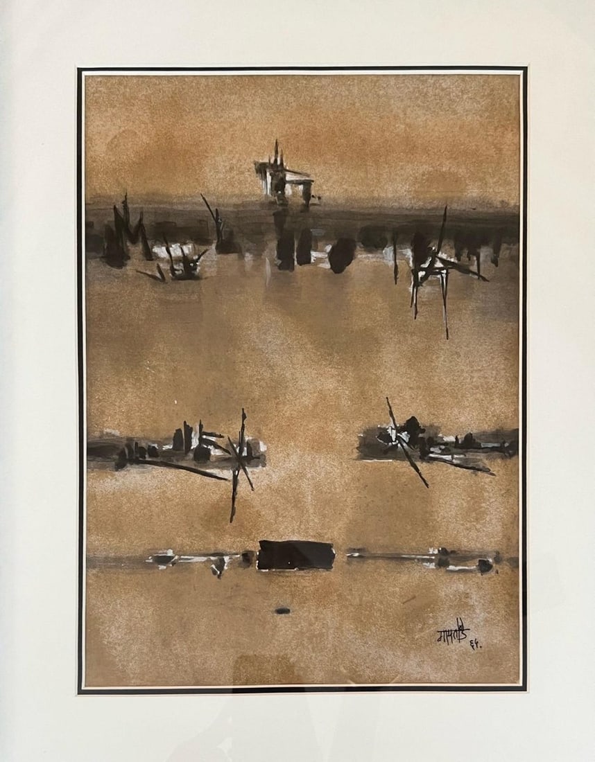 V. S. GAITONDE (INDIAN, 1924–2001) – UNTITLED, 1961, MIXED MEDIA ON PAPER: A RARE EARLY ABSTRACT COMPOSITION BY V. S. GAITONDE, DATED 1961, EXEMPLIFYING THE ARTIST'S MINIMALIST AND MEDITATIVE VISUAL LANGUAGE. EXECUTED IN A RESTRICTED PALETTE OF OCHRE, BROWN, BLACK, AND
