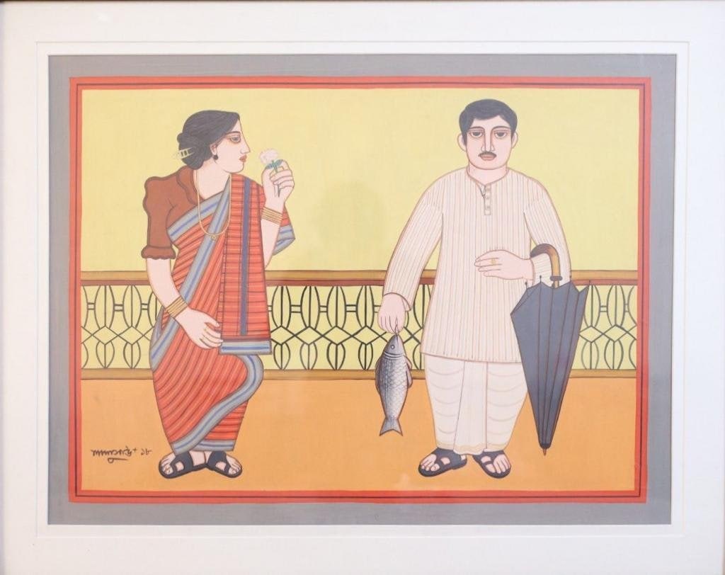 LALU PRASAD SHAW (INDIAN, B. 1937) – UNTITLED (COUPLE WITH FISH)TEMPERA ON BOARD: A CHARMING FIGURATIVE COMPOSITION BY LALU PRASAD SHAW, DEPICTING A BENGALI COUPLE IN THE ARTIST'S DISTINCTIVE FOLK-INSPIRED STYLE. THE MALE FIGURE HOLDS A FISH AND AN UMBRELLA, WHILE THE FEMALE