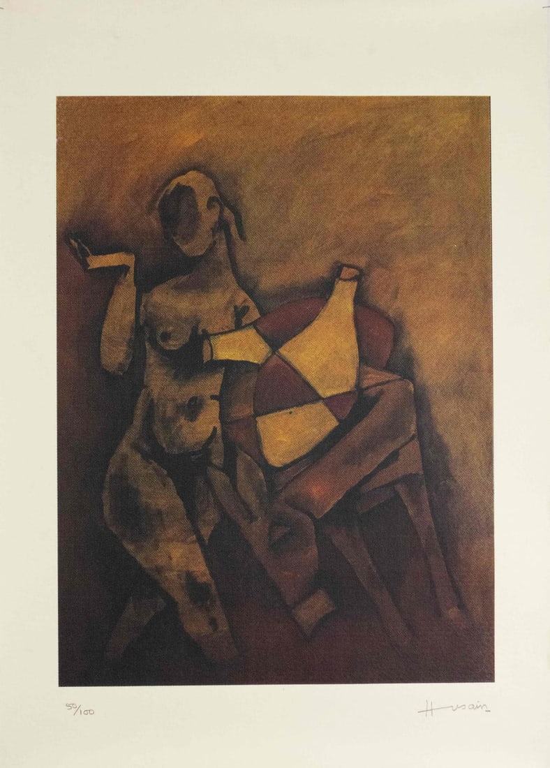 MAQBOOL FIDA HUSAIN (1915-2011) UNTITLED LITHOGRAPH IN COLOURS, SIGNED 'HUSSAIN' IN L.R., SHEET,: MAQBOOL FIDA HUSAIN (1915-2011) UNTITLED LITHOGRAPH IN COLOURS LADY WITH SITAR, SIGNED 'HUSSAIN' IN L.R., SHEET, UNFRAMED 25 X 18 INCHES