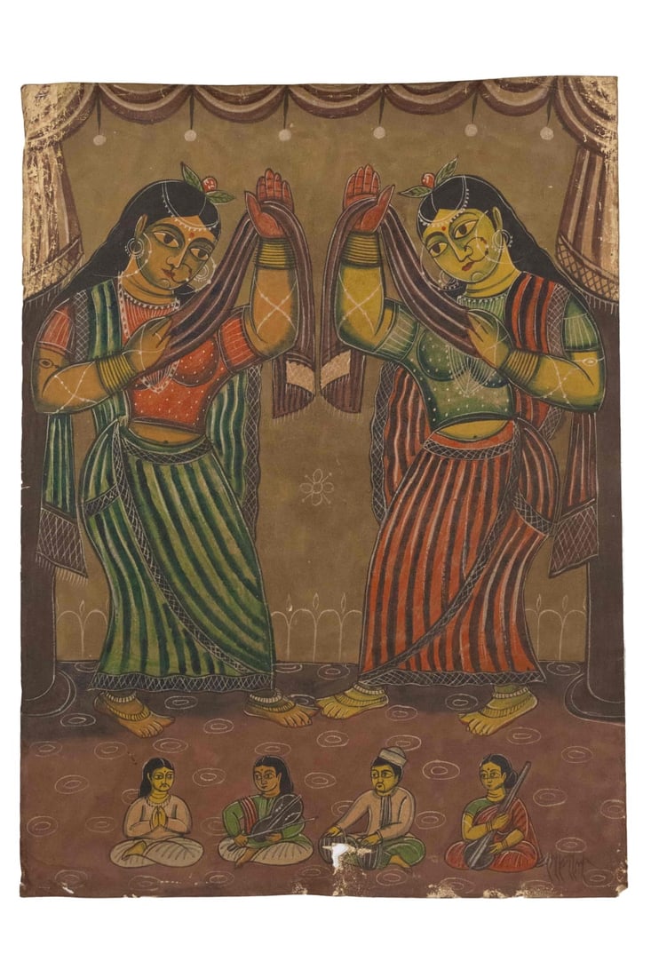 RARE LARGE EARLY 20TH CENTURY SIGNED KALIGHAT PAINTING OF DANCING GIRLS AND MUSICIANS: RARE LARGE EARLY 20TH CENTURY SIGNED KALIGHAT PAINTING OF DANCING GIRLS AND MUSICIANS 31 X 23 INCHES THIS EXCEPTIONAL AND RARE KALIGHAT PAINTING FROM THE EARLY 20TH CENTURY SHOWCASES A VIBRANT SCENE