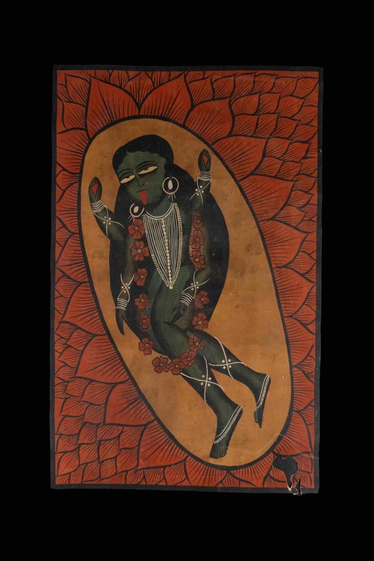EARLY 20TH CENTURY KALIGHAT PAINTING GODDESS KALI: EARLY 20TH CENTURY KALIGHAT PAINTING GODDESS KALI THIS EARLY 20TH-CENTURY KALIGHAT PAINTING DEPICTS GODDESS KALI IN HER ICONIC FORM, REPRESENTING DIVINE POWER, DESTRUCTION, AND REGENERATION.