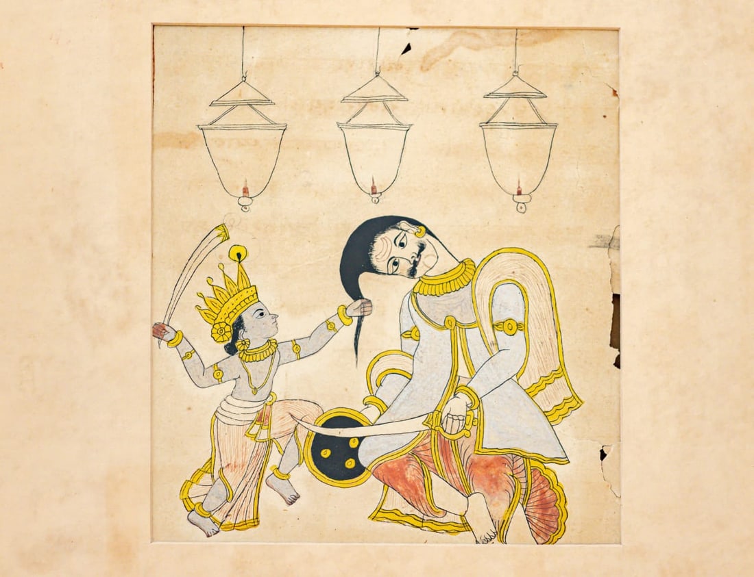 19TH-CENTURY JAIPUR SCHOOL PAINTING DEPICTING A QUEEN RESTING: 19TH-CENTURY JAIPUR SCHOOL PAINTING DEPICTING A QUEEN RESTING 19TH-CENTURY JAIPUR SCHOOL PAINTING DEPICTING A QUEEN RESTING, WITH THE ROYAL FIGURE SEATED ELEGANTLY ON A LOW CUSHION, ATTENDED BY A