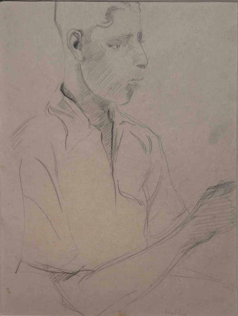 KATTINGERI KRISHNA HEBBAR (1911-1996)| Untitled: A SENSITIVE AND ELEGANT FIGURATIVE STUDY BY K. K. HEBBAR, DEPICTING A YOUNG MAN ABSORBED IN READING. EXECUTED IN PENCIL ON PAPER, THE WORK DEMONSTRATES THE ARTIST'S EXCEPTIONAL DRAFTSMANSHIP THROUGH