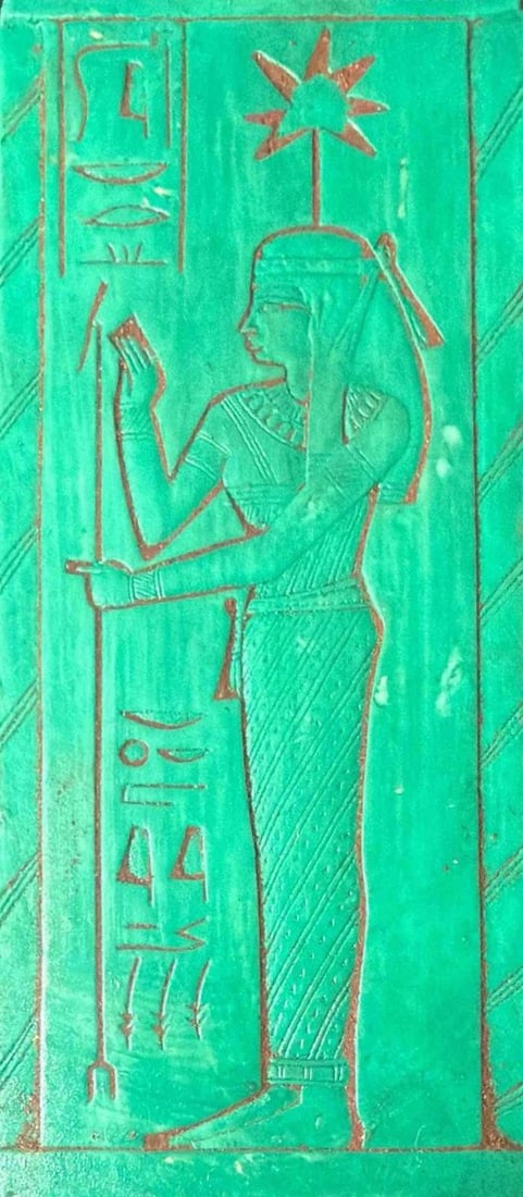 EGYPTIAN REVIVAL BAS-RELIEF PLAQUE DEPICTING GODDESS ISIS WITH HIEROGLYPHS AND VERDIGRIS PATINA (1 of 1)