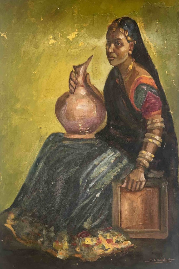 SAWLARAM LAXMAN HALDANKAR (INDIAN , 1882-1969) OIL ON PAPER 30 X 22 IN: AN EVOCATIVE FIGURATIVE COMPOSITION DEPICTING A SEATED INDIAN WOMAN CARRYING A TRADITIONAL WATER POT. THE SUBJECT IS PORTRAYED IN A GRACEFUL, SIDE-ON POSE, DRESSED IN A DARK SARI WITH RICHLY COLOURED